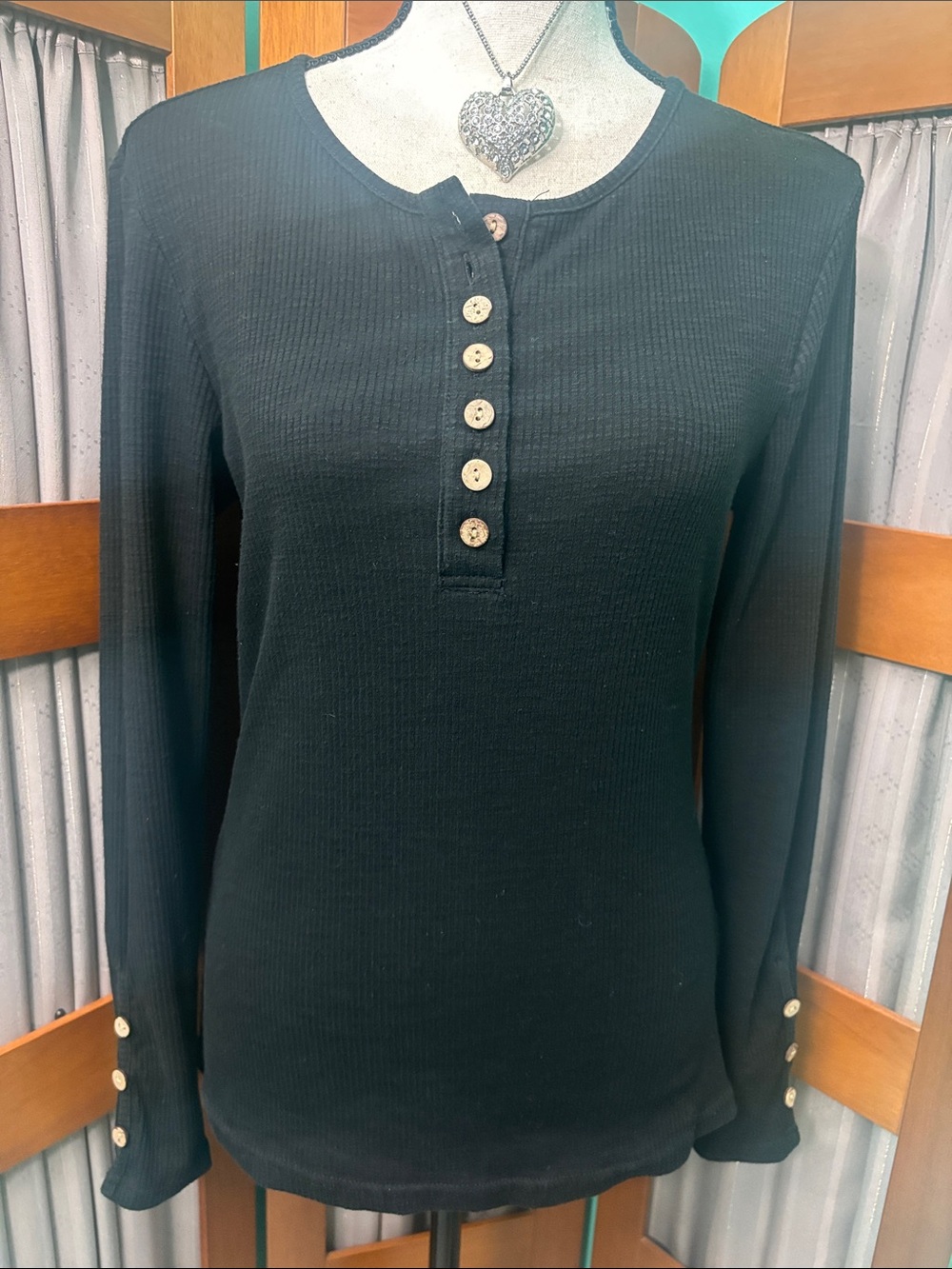 Amazon Women's Black Long-Sleeve Henley Top with Button Placket